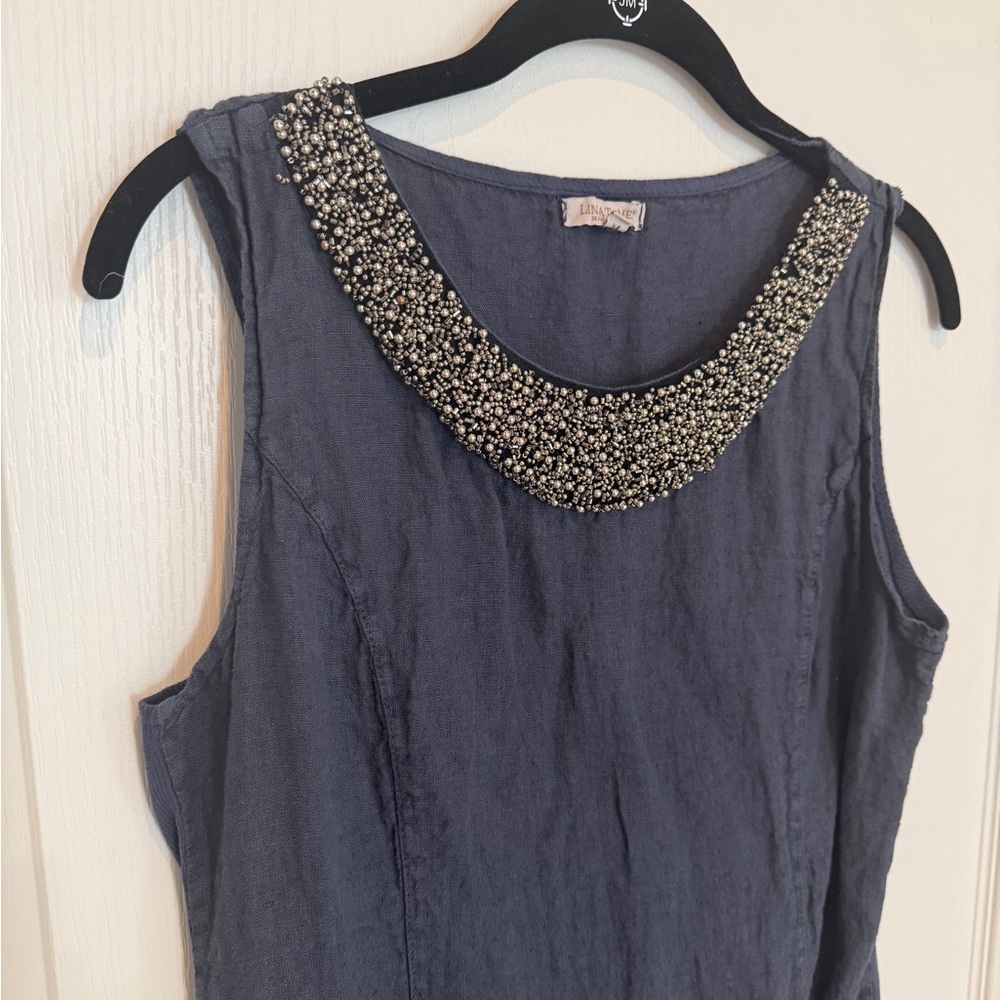 Linen Elegant Navy Sleeveless Mini Dress Embellished